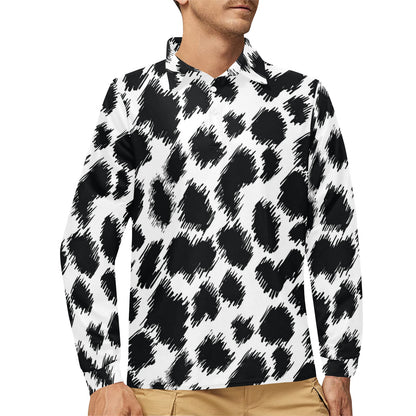 Cheetah Black Print Pattern Long Sleeve Polo Shirt For Men's