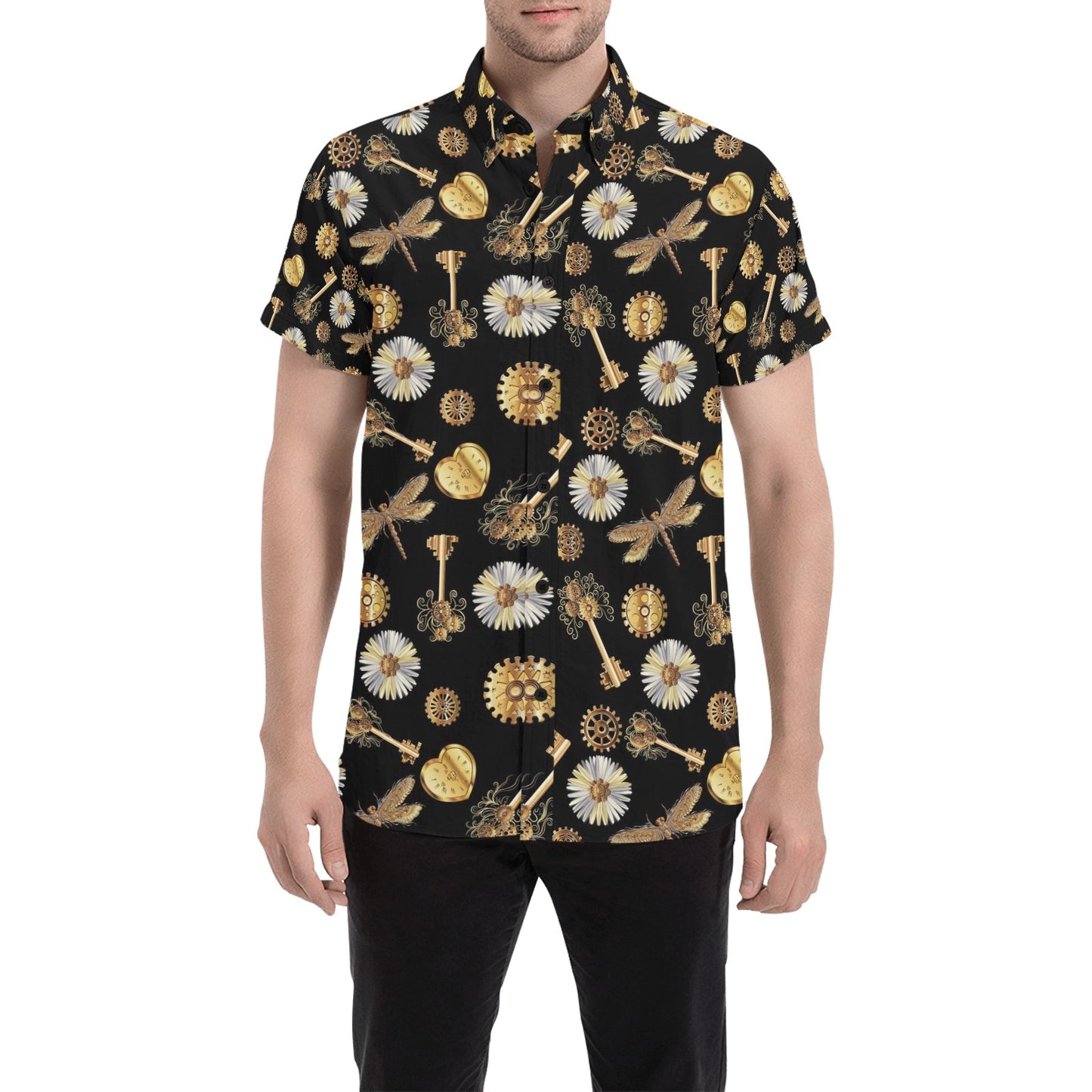 Steampunk Key Dragonfly Print Design LKS303 Men Short Sleeve Button Up Shirt