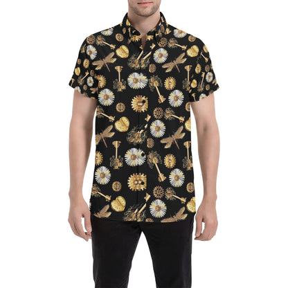 Steampunk Key Dragonfly Print Design LKS303 Men Short Sleeve Button Up Shirt