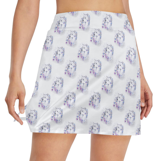 Wolf with Flower Print Design 17" Golf & Pickleball Skort with Pockets