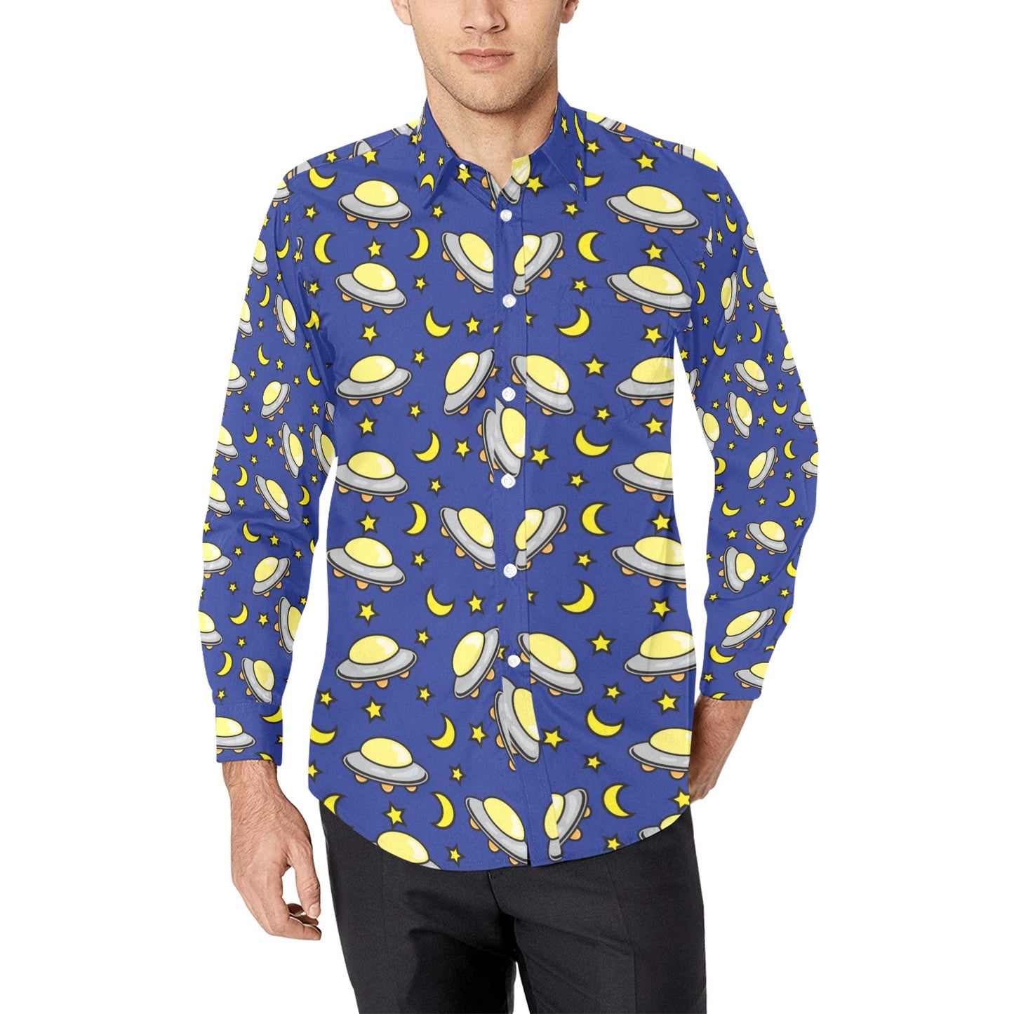 UFO Print Design LKS309 Men's Long Sleeve Dress Shirt