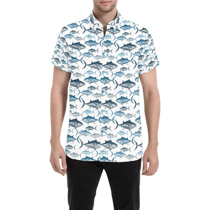 Tuna Fish Print Design LKS303 Men Short Sleeve Button Up Shirt