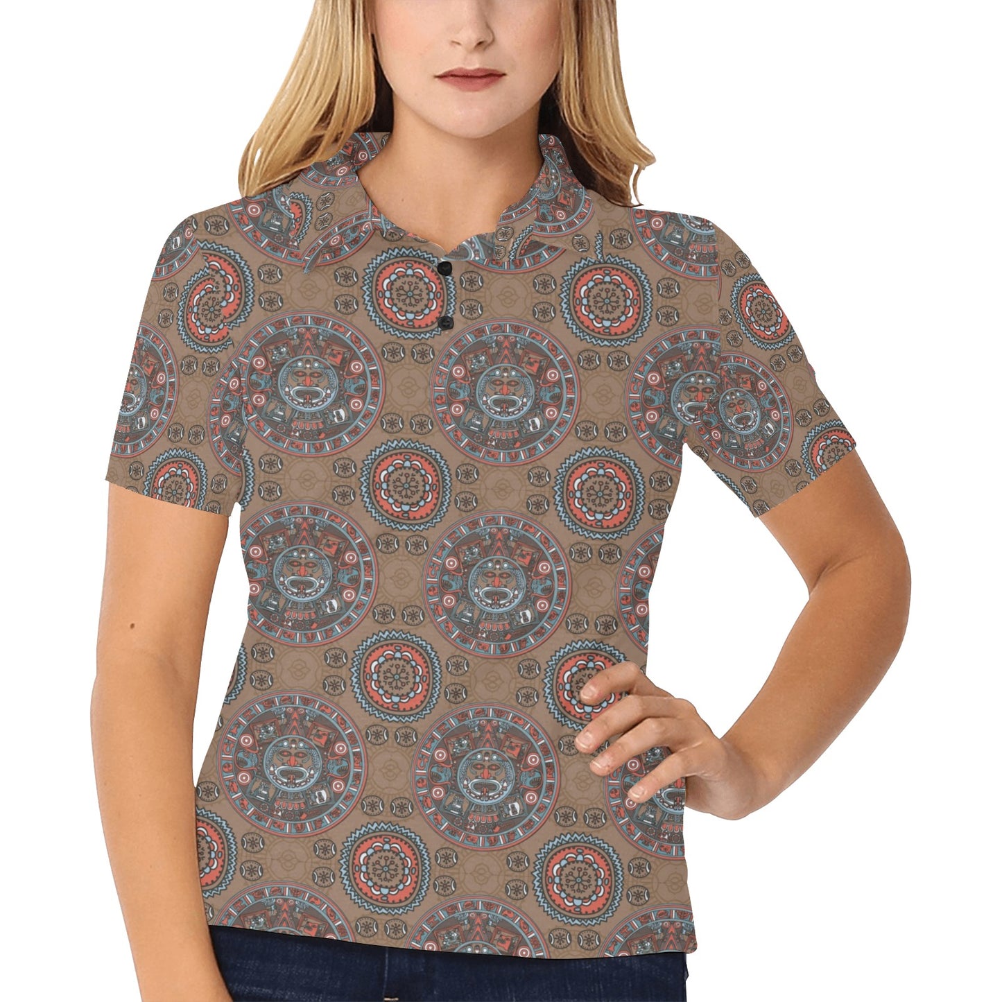 Calendar Aztec Design Print Pattern Women's Polo Shirt