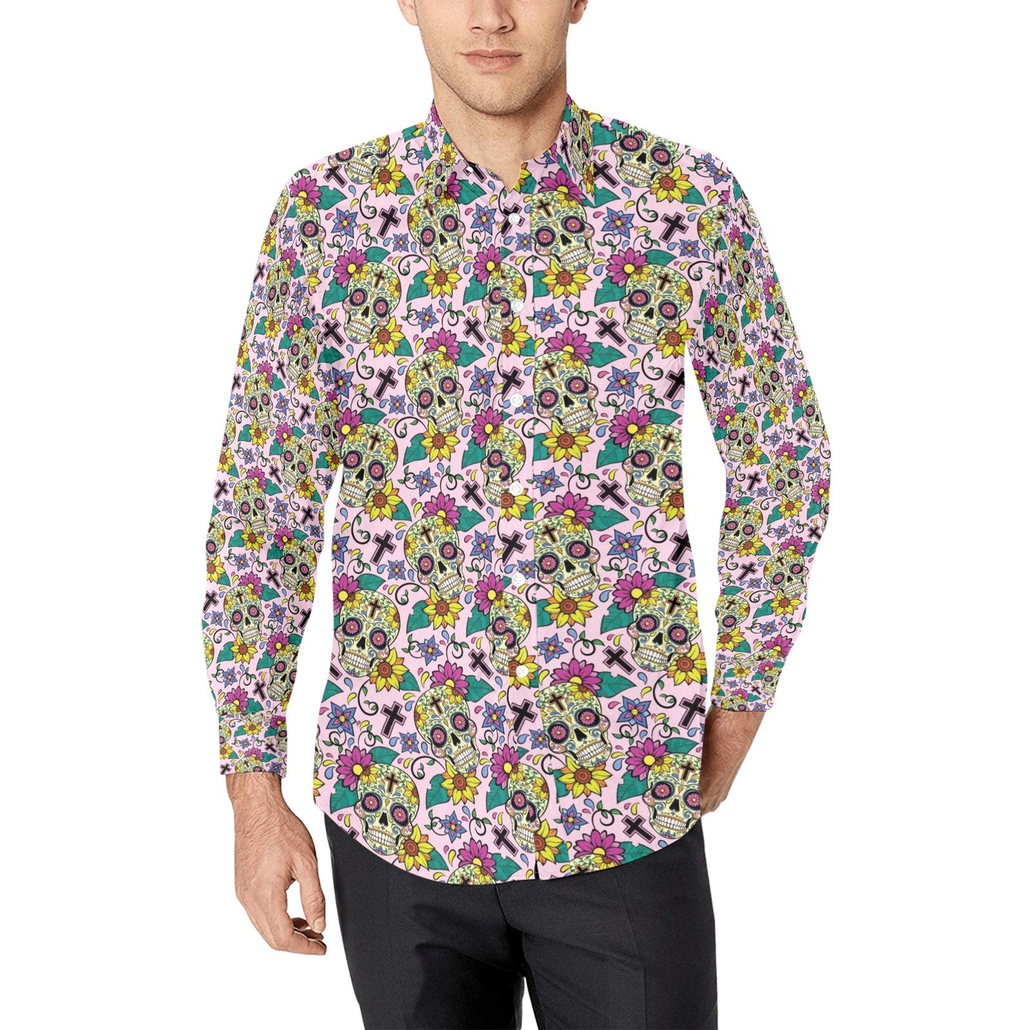 Sugar Skull Print Design LKS307 Men's Long Sleeve Dress Shirt
