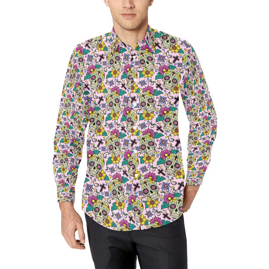 Sugar Skull Print Design LKS307 Men's Long Sleeve Dress Shirt