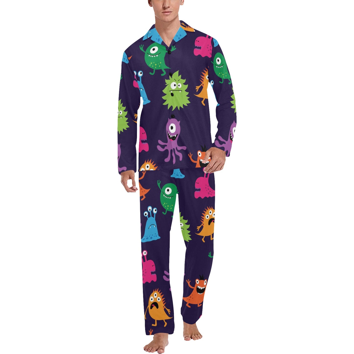 Monster Cartoon Pattern Print Design 02 Men's Long Pajama Set