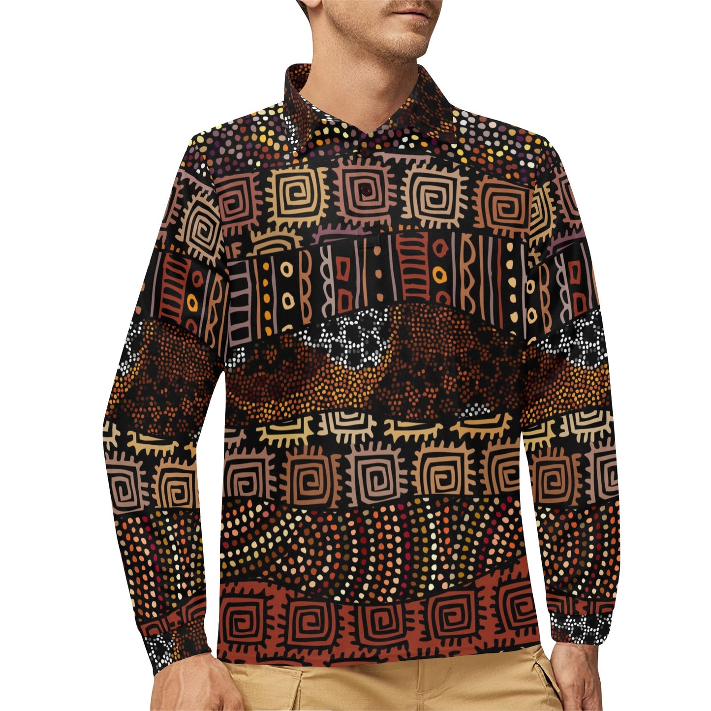 African Pattern Print Design 07 Long Sleeve Polo Shirt For Men's
