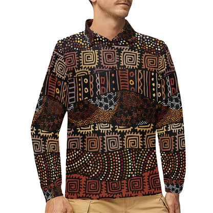 African Pattern Print Design 07 Long Sleeve Polo Shirt For Men's