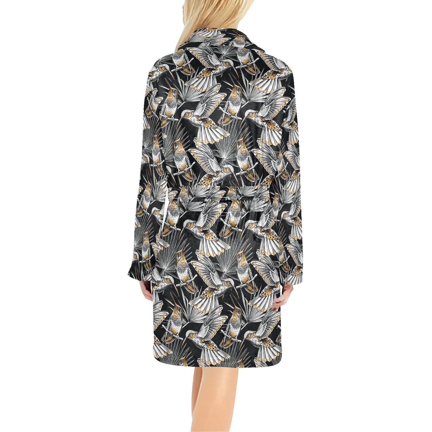 Hummingbird Gold Design Themed Print Women's Fleece Robe