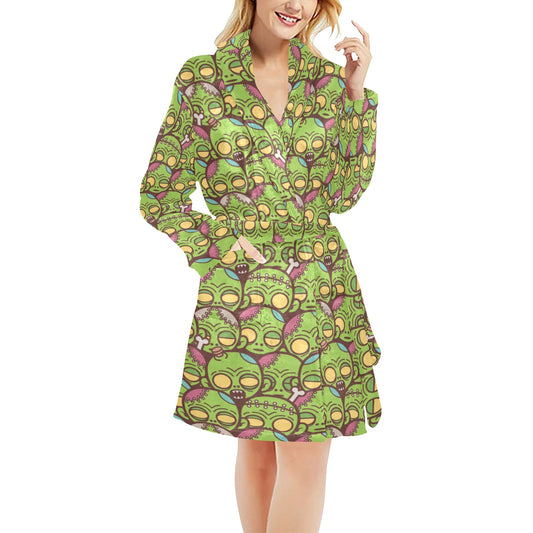 Zombie Head Design Pattern Print Women's Fleece Robe