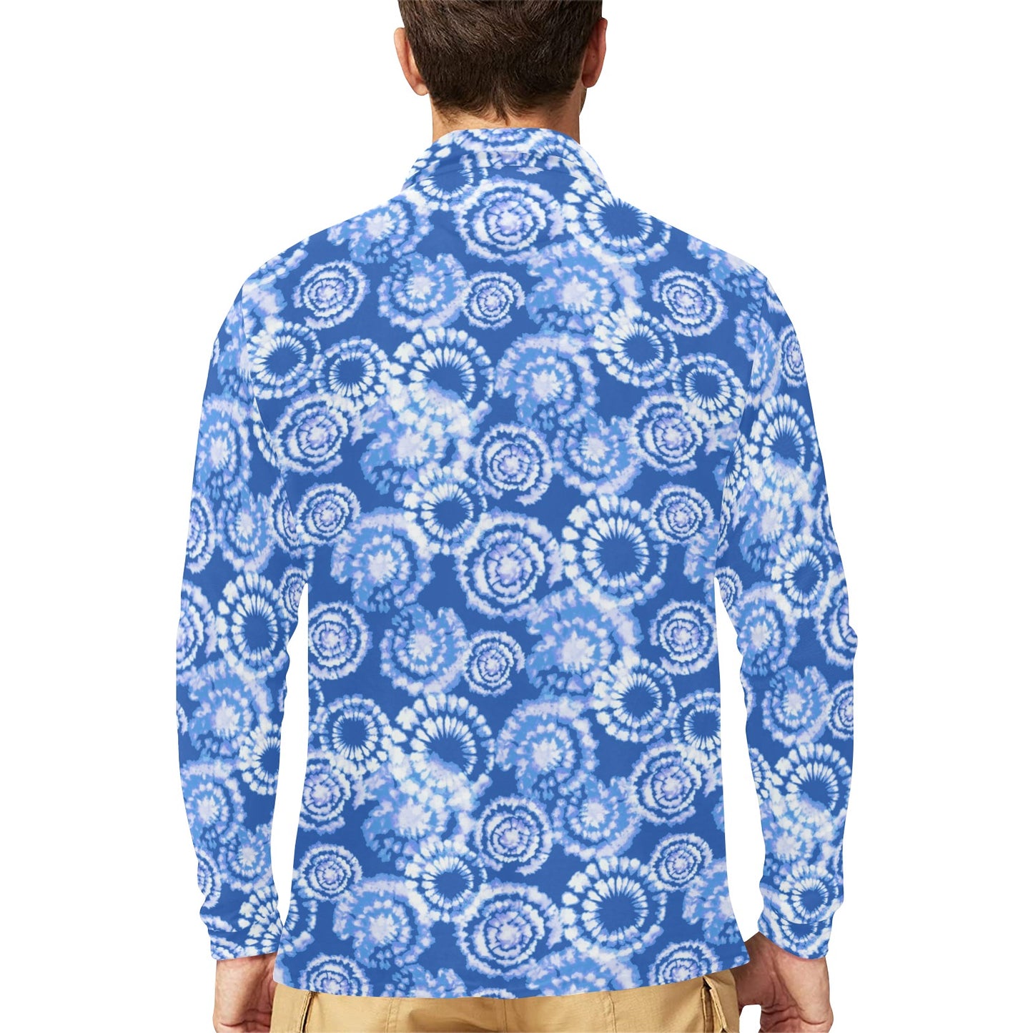 Tie Dye Blue Design Print Long Sleeve Polo Shirt For Men's