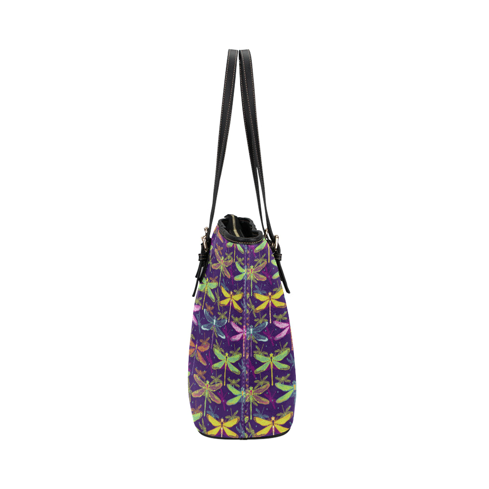 Dragonfly Neon Color Print Pattern Leather Tote Bag