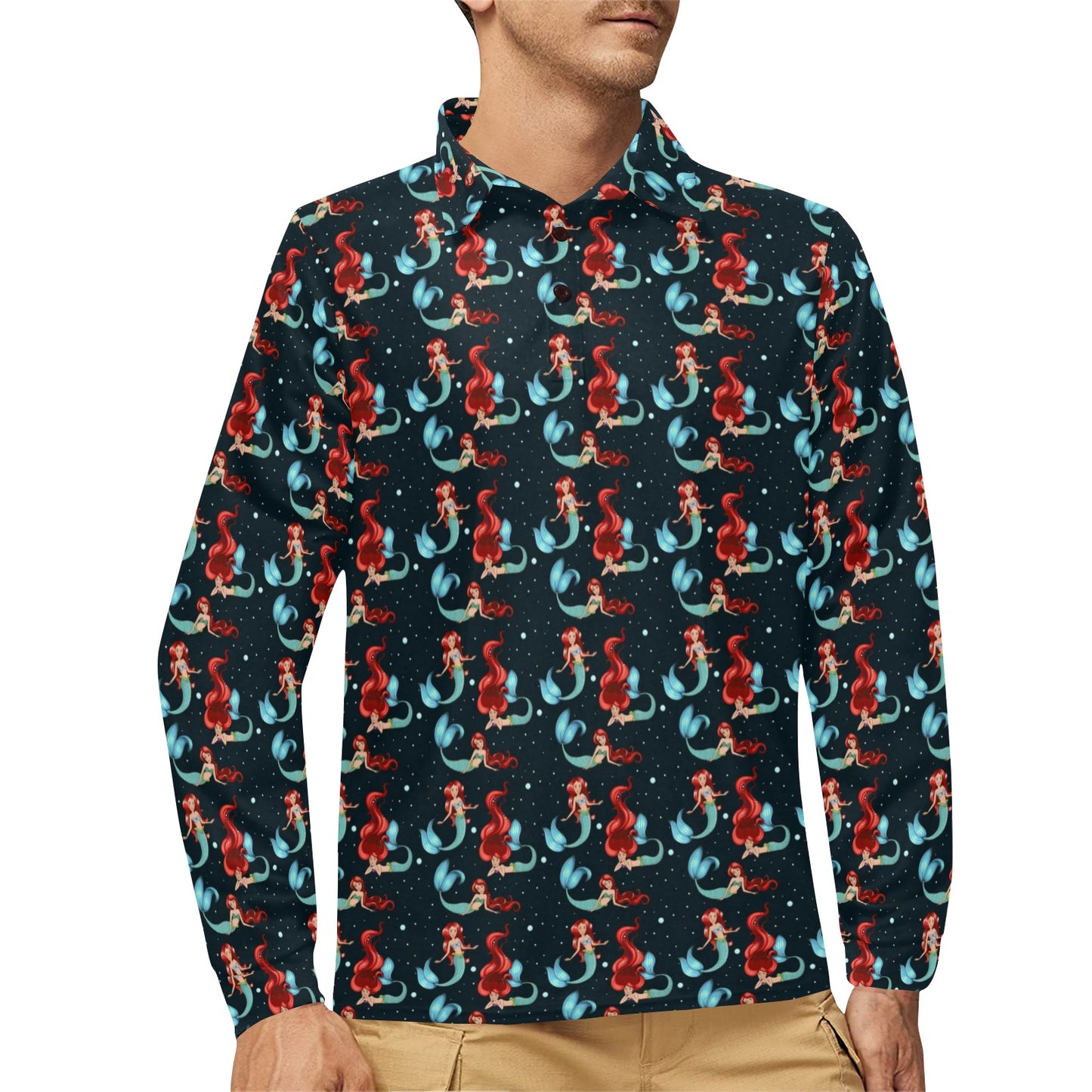 Mermaid Girl Themed Design Print Long Sleeve Polo Shirt For Men's