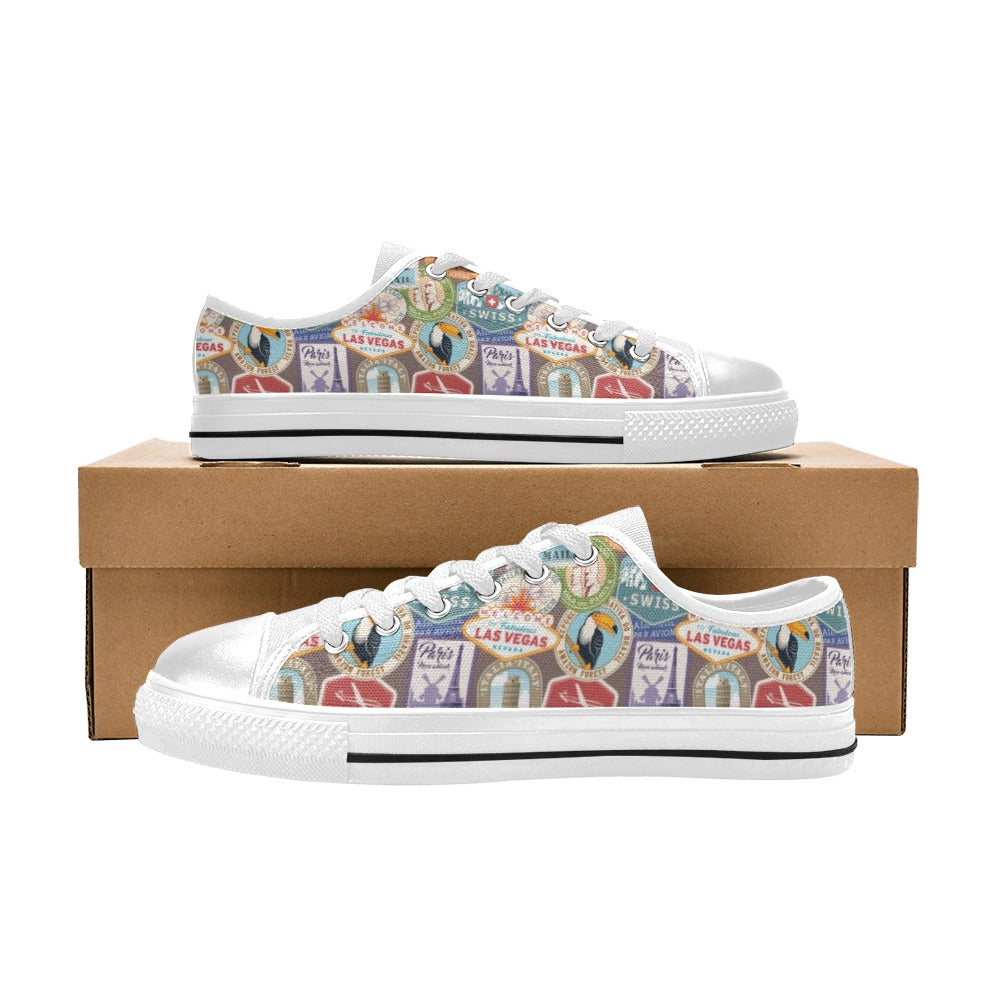 Travel Stamp Print Design LKS301 Women's White Low Top Shoes
