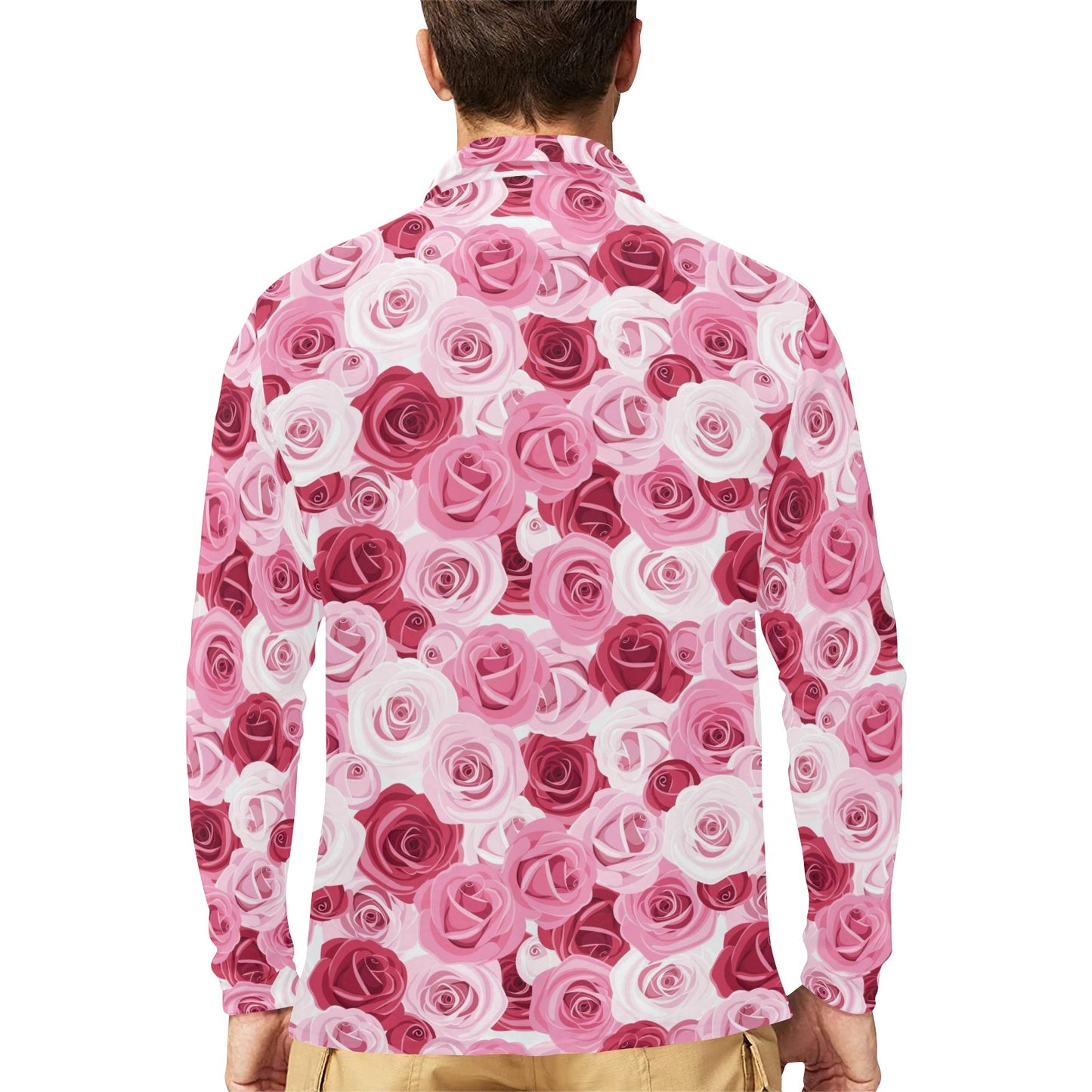 Pink Red Rose Pattern Print Long Sleeve Polo Shirt For Men's