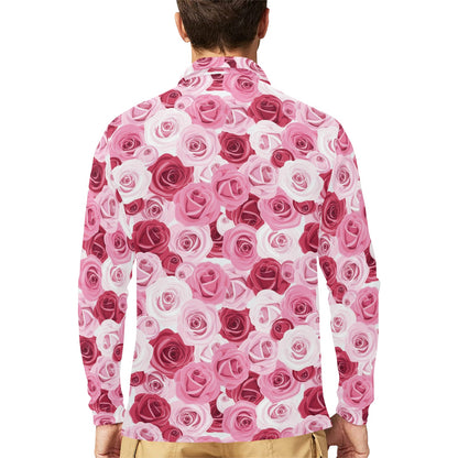 Pink Red Rose Pattern Print Long Sleeve Polo Shirt For Men's