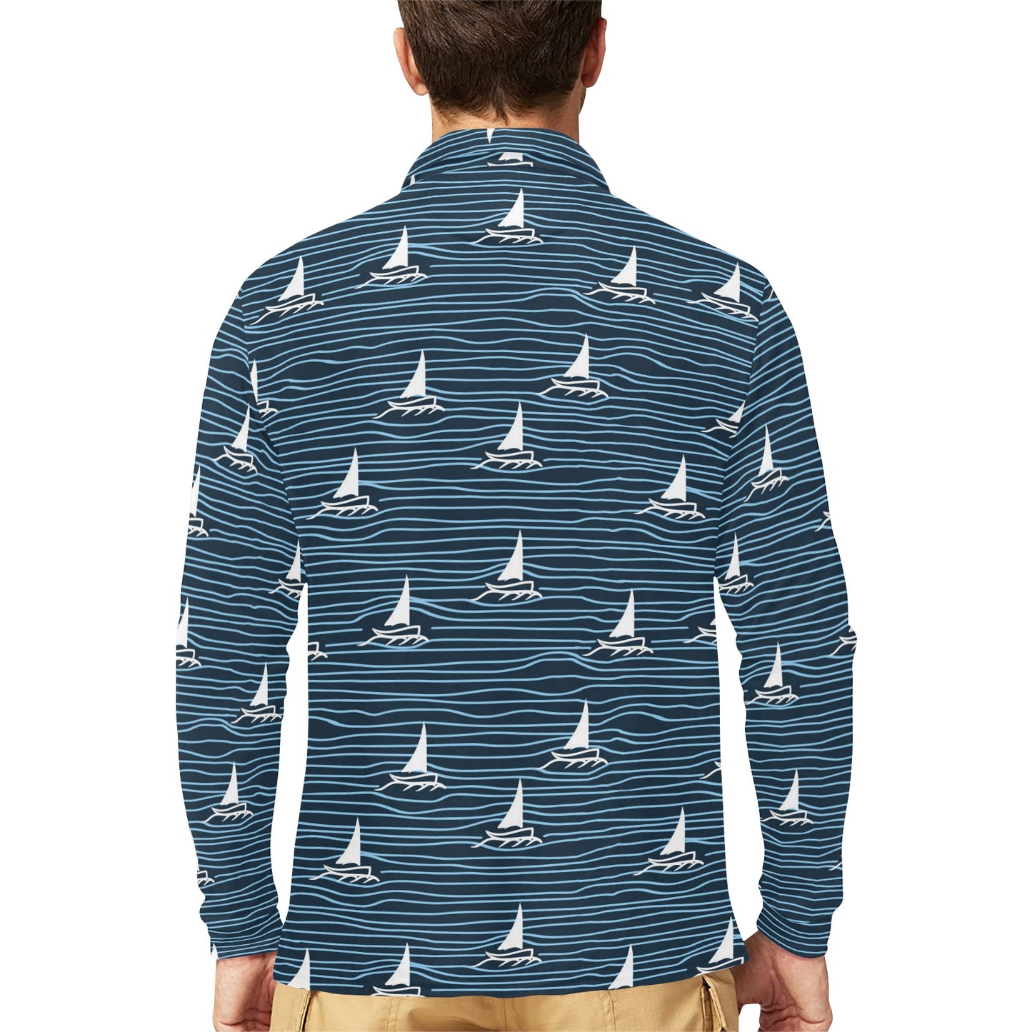 Sailboat Print Design LKS303 Long Sleeve Polo Shirt For Men's