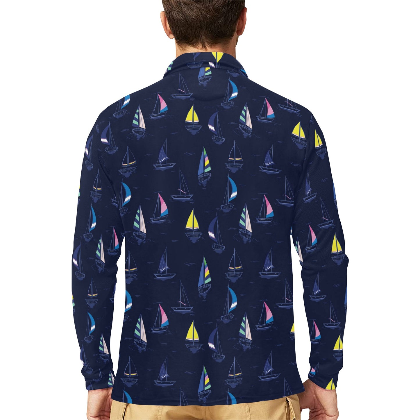 Sailboat Print Design LKS305 Long Sleeve Polo Shirt For Men's