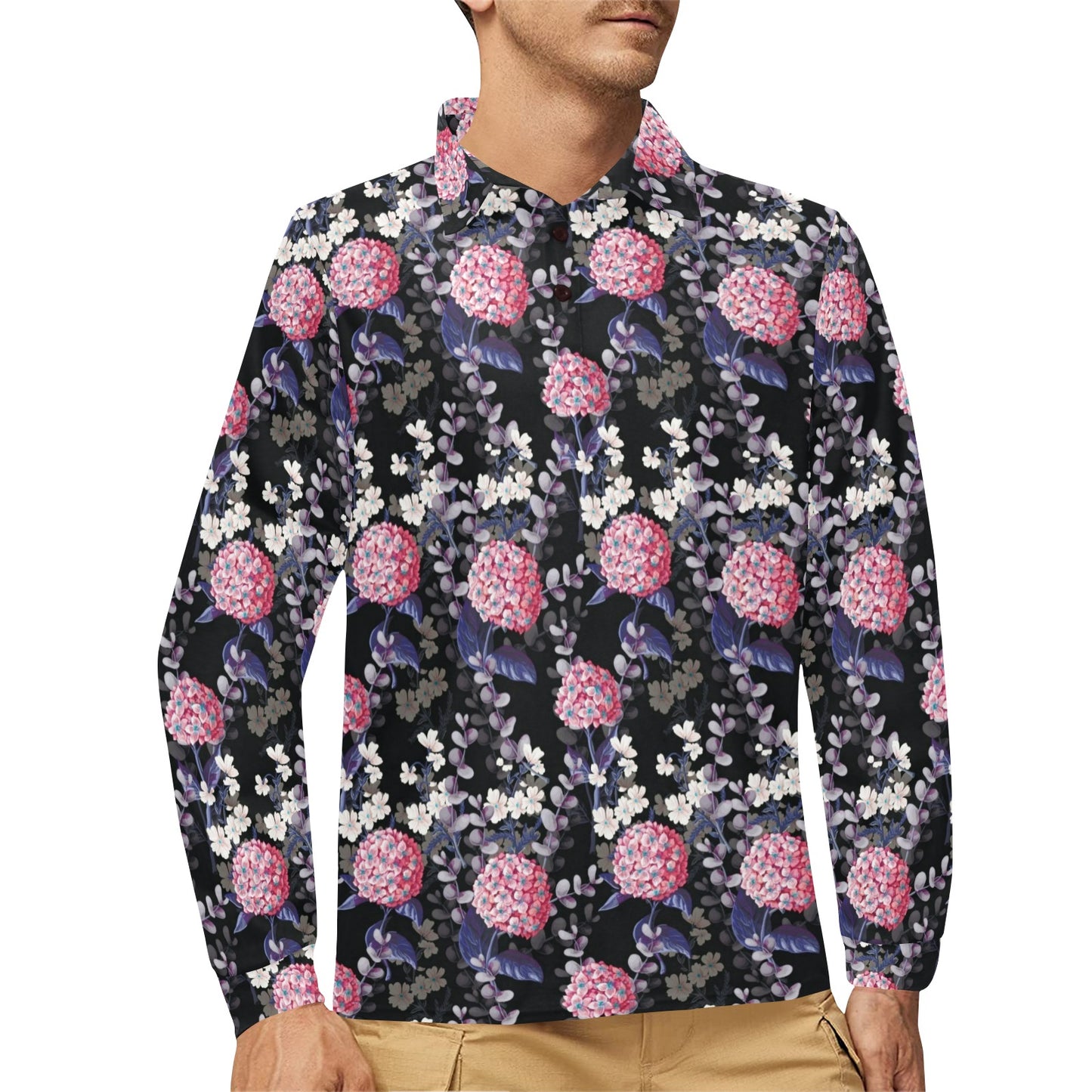 Hydrangea Pattern Print Design HD04 Long Sleeve Polo Shirt For Men's