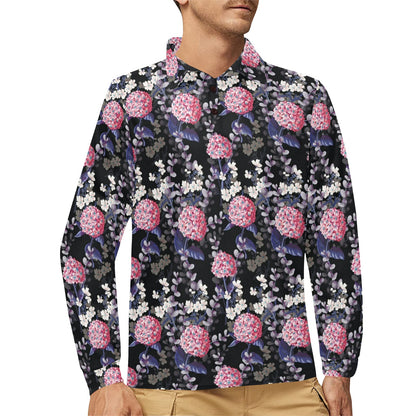 Hydrangea Pattern Print Design HD04 Long Sleeve Polo Shirt For Men's