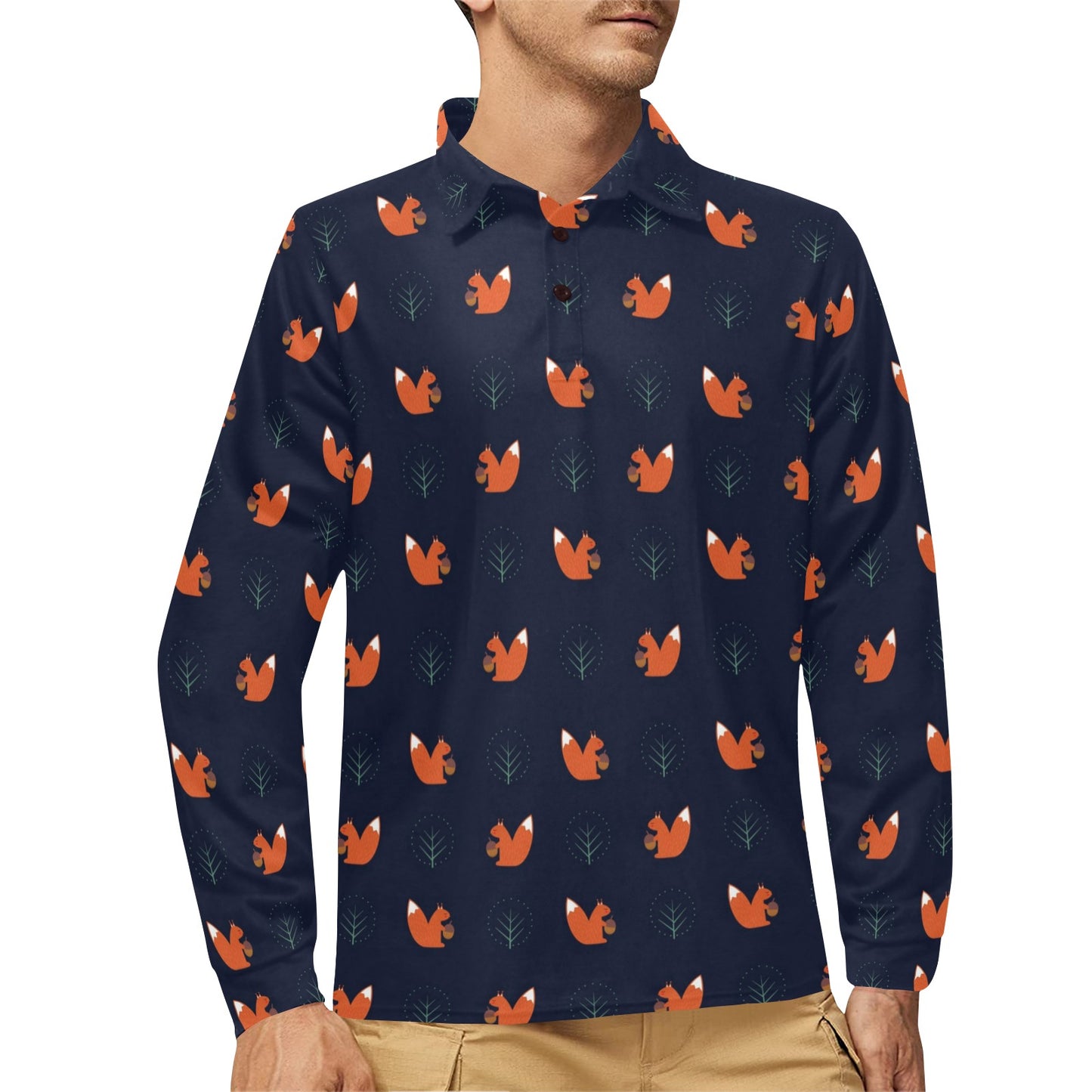 Squirrel Print Design LKS303 Long Sleeve Polo Shirt For Men's