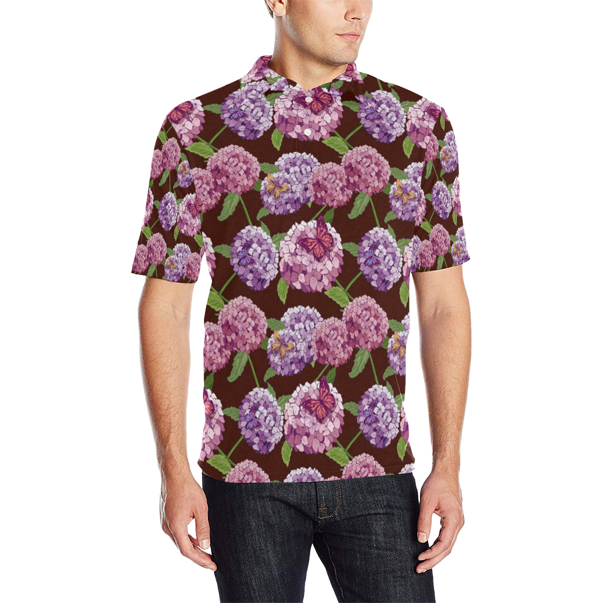 Hydrangea Pattern Print Design HD08 Men Polo Shirt