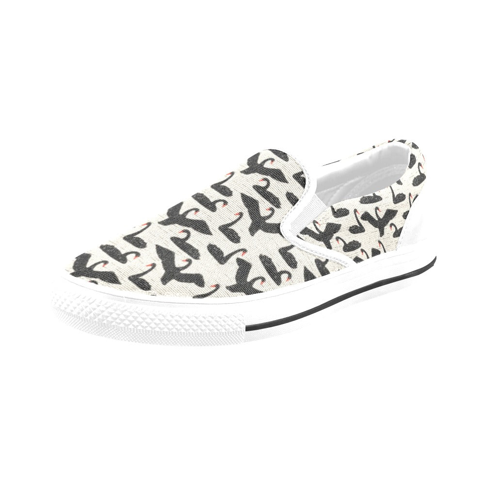 Swan Print Design LKS402 White Slip Ons Canvas Women's Shoes