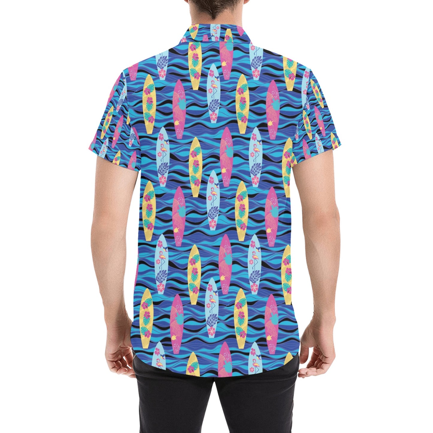Surfboard Print Design LKS304 Men Short Sleeve Button Up Shirt