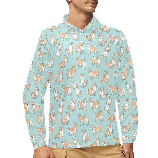Shiba Inu Print Design LKS304 Long Sleeve Polo Shirt For Men's