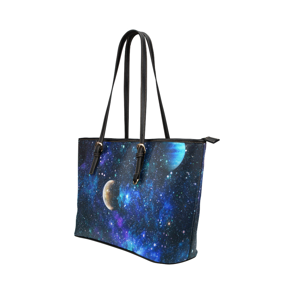Galaxy Stardust Planet Space Print Leather Tote Bag