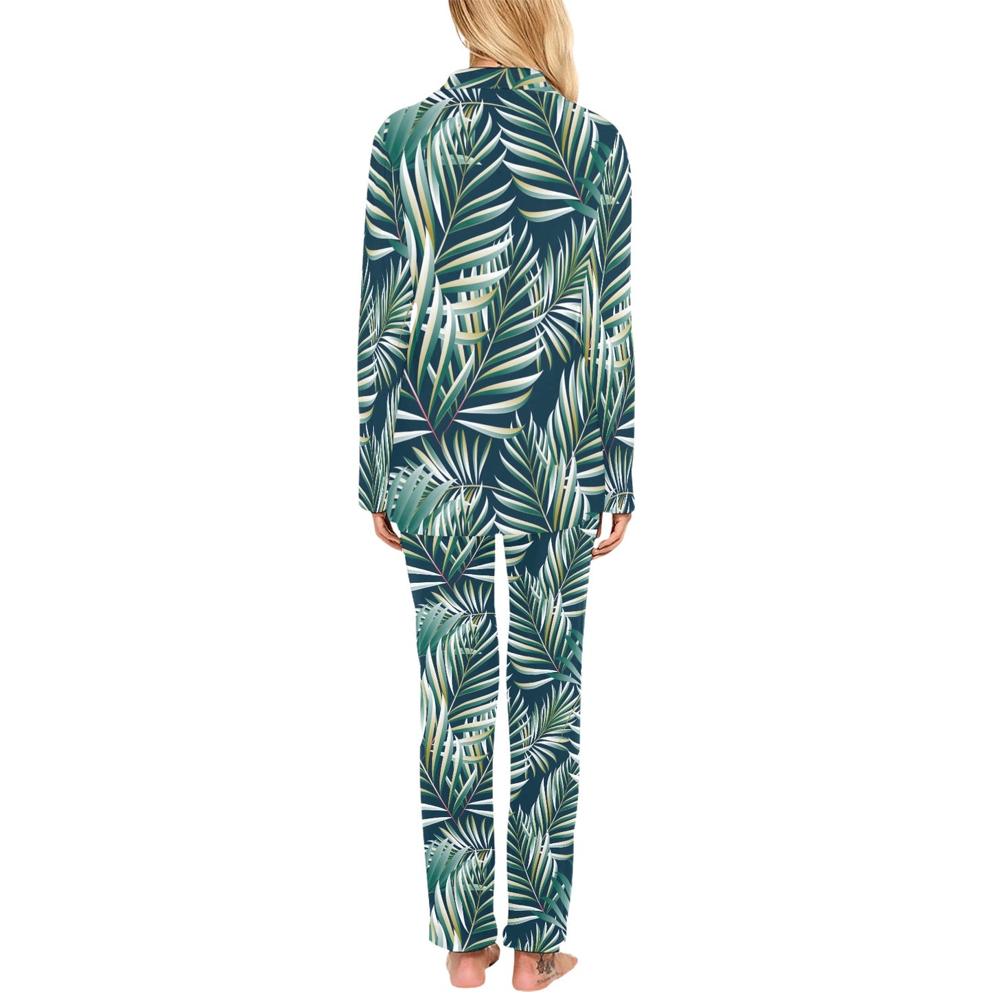 Sun Spot Tropical Palm Leaves hower Curtain Women's Long Pajama Set