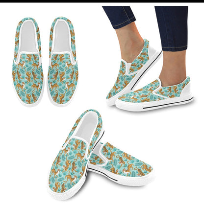 Tiger Print Design LKS304 White Slip Ons Canvas Women's Shoes