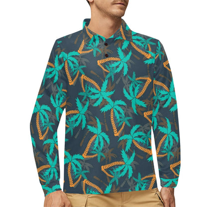 Palm Tree Pattern Print Design PT01 Long Sleeve Polo Shirt For Men's