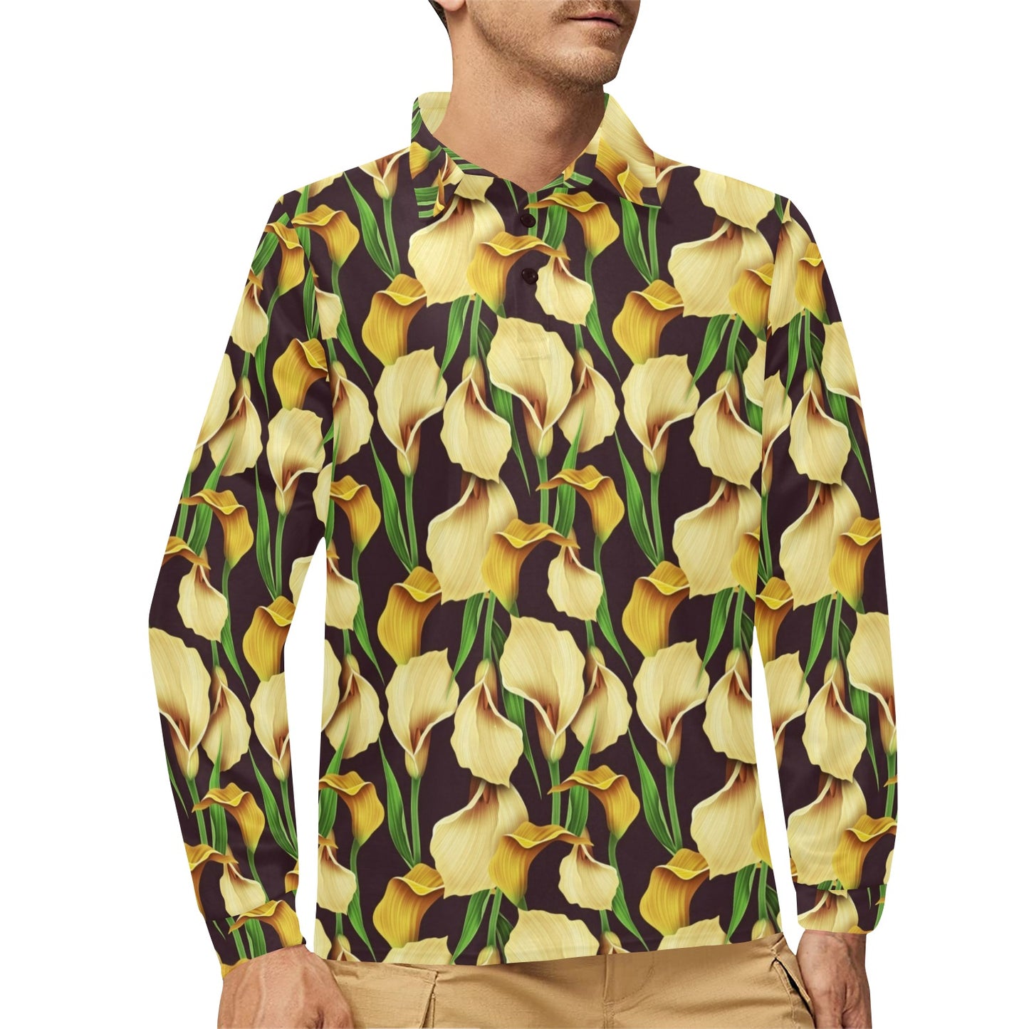Lily Pattern Print Design LY013 Long Sleeve Polo Shirt For Men's