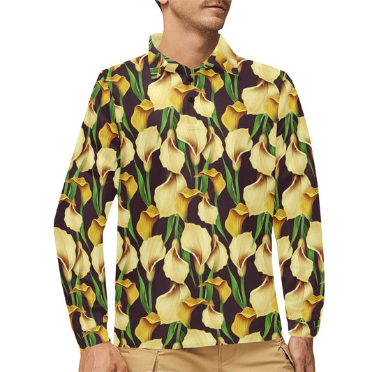 Lily Pattern Print Design LY013 Long Sleeve Polo Shirt For Men's