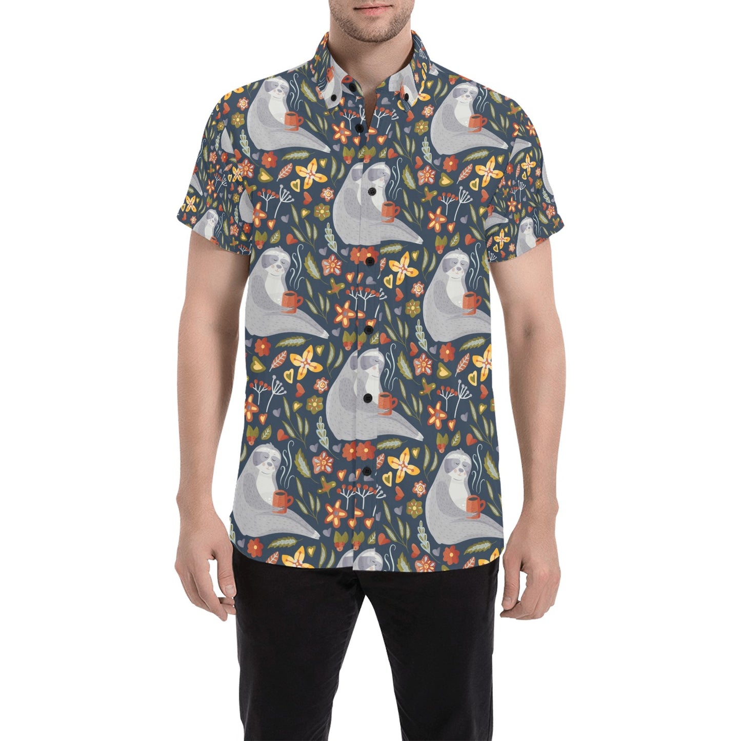 Sloth Print Design LKS303 Men Short Sleeve Button Up Shirt