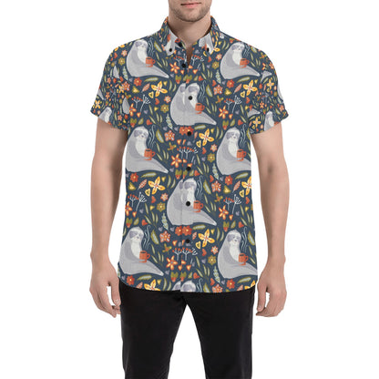 Sloth Print Design LKS303 Men Short Sleeve Button Up Shirt