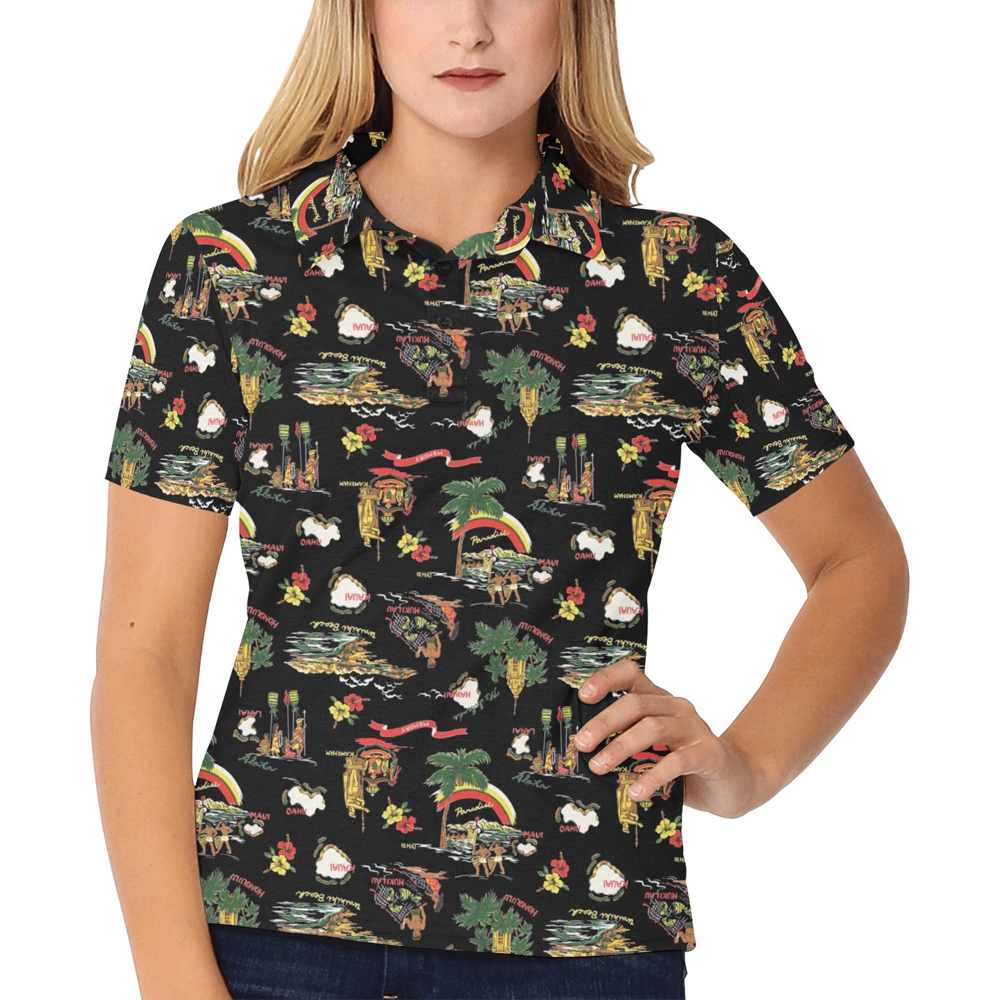 Hawaiian Island Themed Print Women's Polo Shirt