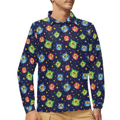 Owl with Star Themed Design Print Long Sleeve Polo Shirt For Men's