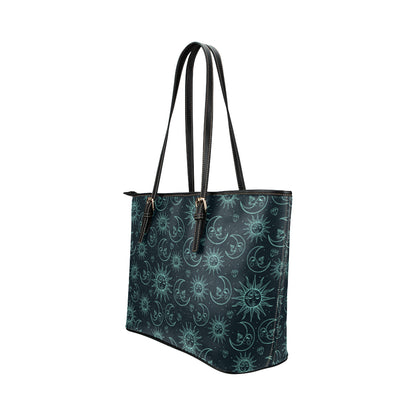 Sun Moon Magic Design Themed Print Leather Tote Bag