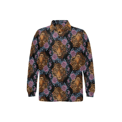 Tiger Head Floral Long Sleeve Polo Shirt For Men's