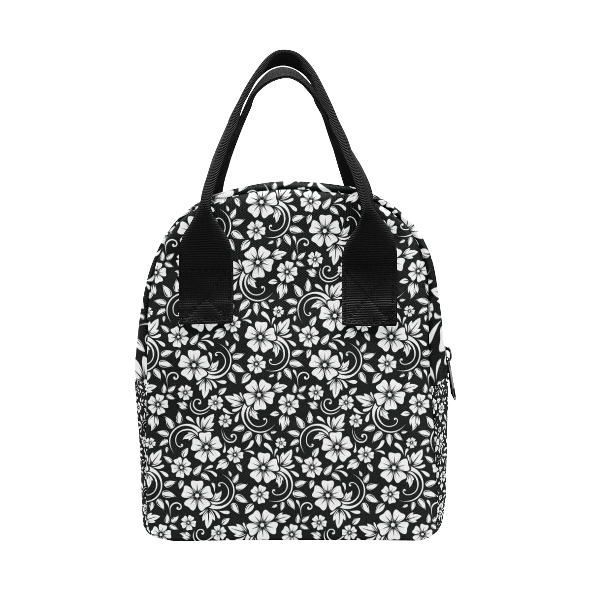 Floral Black White Themed Print Insulated Lunch Bag