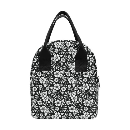 Floral Black White Themed Print Insulated Lunch Bag