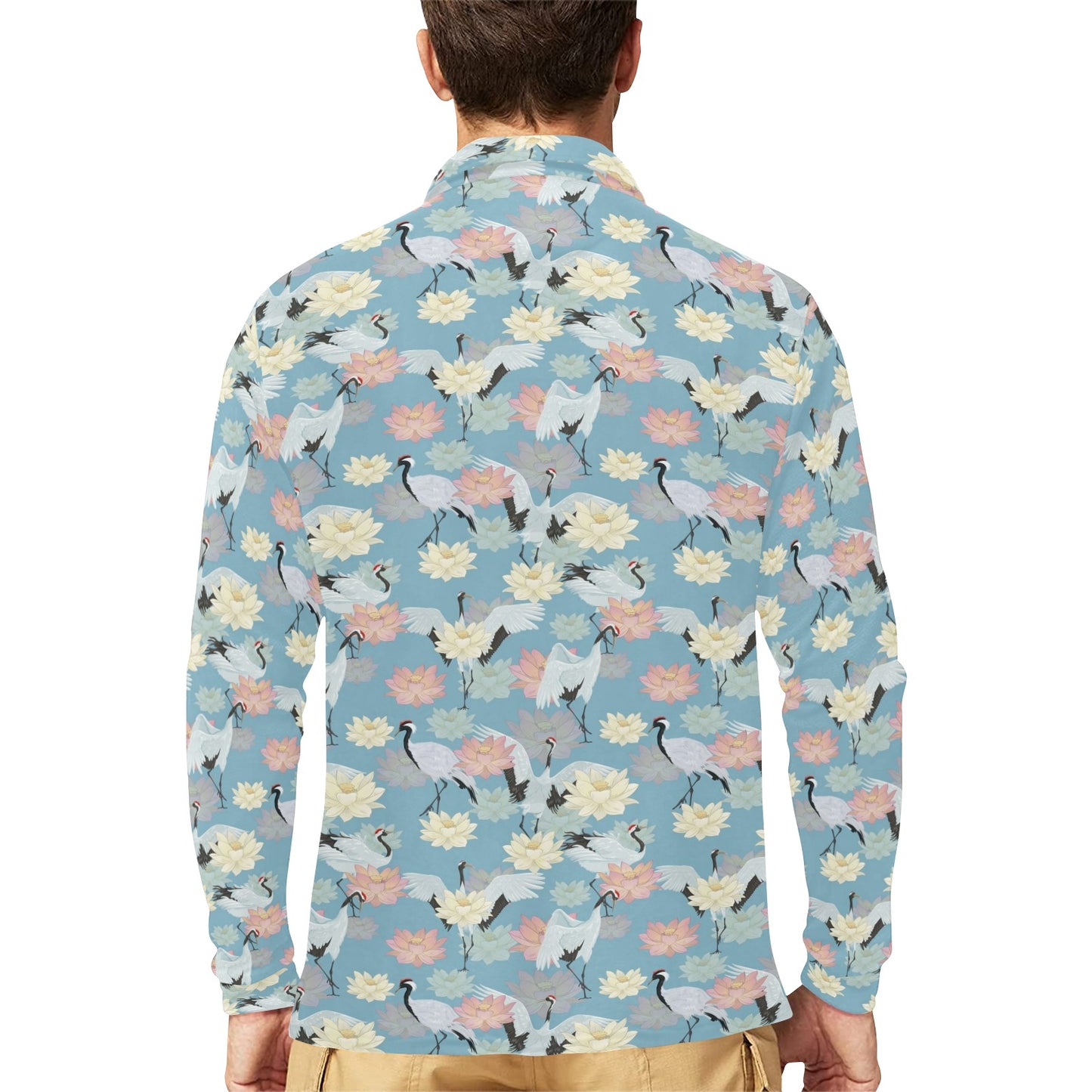 Water Lily Print Design LKS304 Long Sleeve Polo Shirt For Men's
