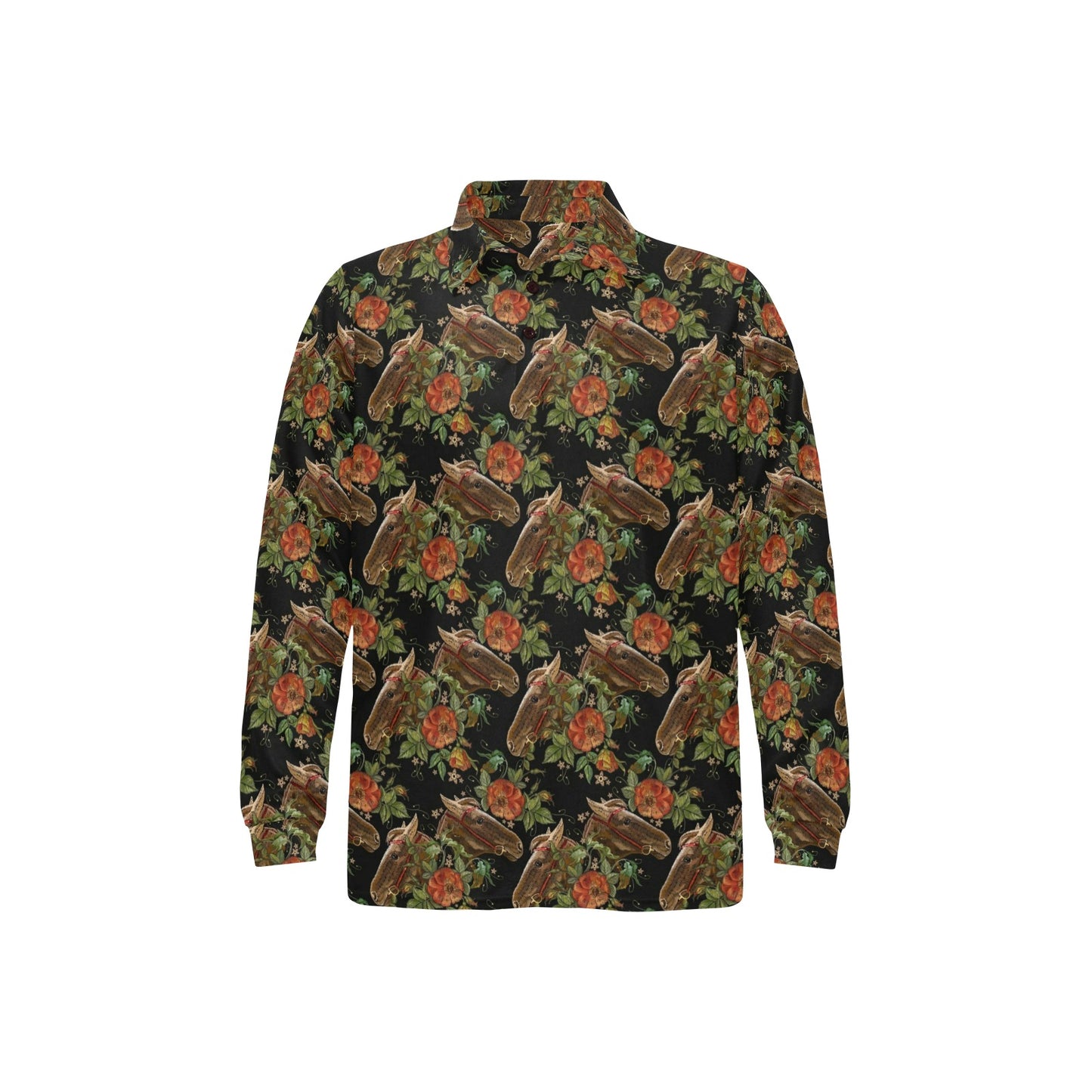 Horse Embroidery with Flower Design Long Sleeve Polo Shirt For Men's