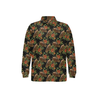Horse Embroidery with Flower Design Long Sleeve Polo Shirt For Men's