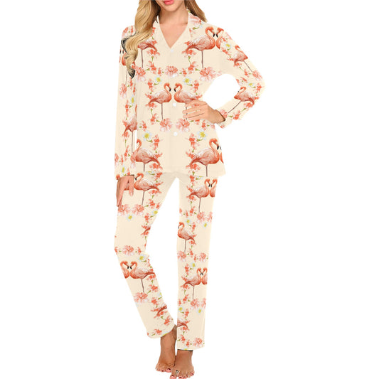 Flamingo Hibiscus Print Pattern Women's Long Pajama Set