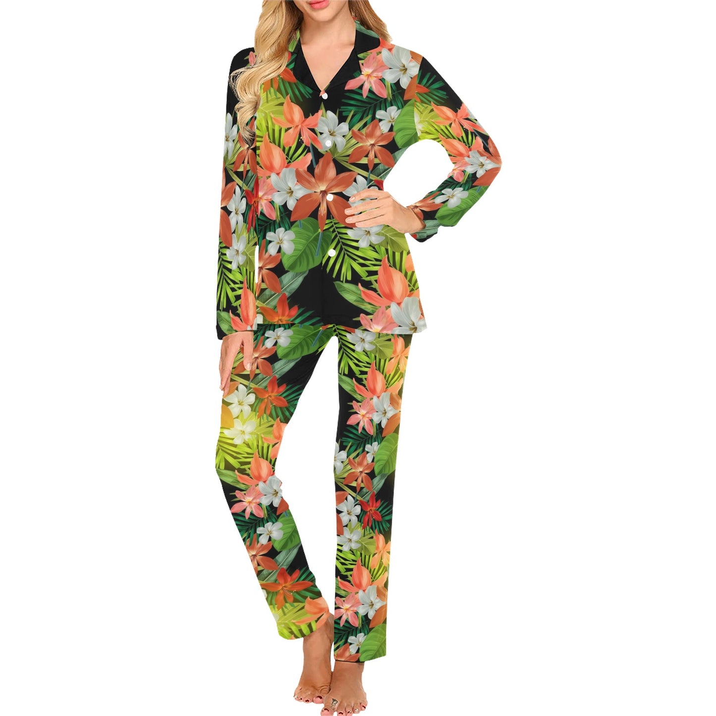 Amaryllis Pattern Print Design AL07 Women's Long Pajama Set