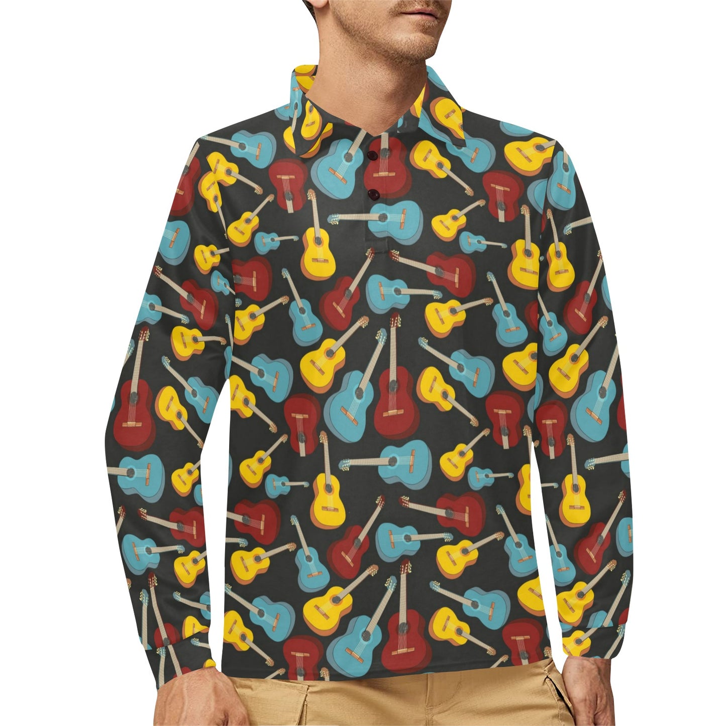 Acoustic Guitar Pattern Print Design 01 Long Sleeve Polo Shirt For Men's