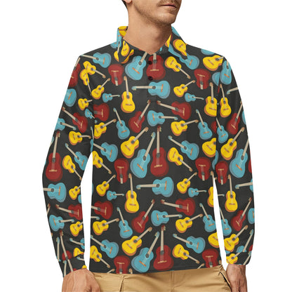 Acoustic Guitar Pattern Print Design 01 Long Sleeve Polo Shirt For Men's